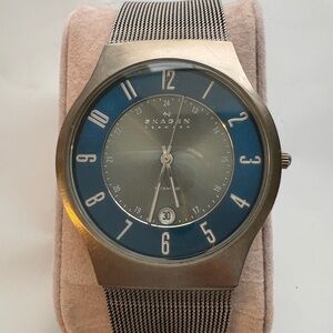 Skagen Titanium Men's Wristwatch Blue Gray Dial Stainless Steel Mesh Date